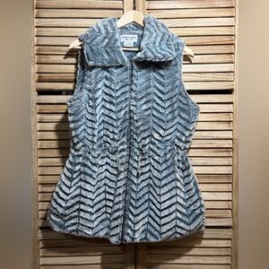 Sabrina Lauren Gray Faux Fur Chevron Vest Zip Up Adjustable Waist Large Blue